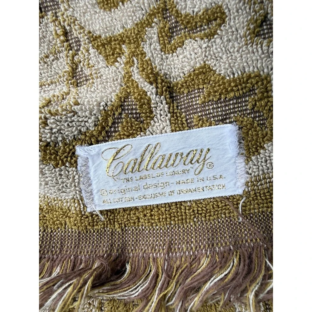 VTG MCM Callaway Milliken Towel Avocado Fringe Gold Daisy Floral & 2 Washcloths